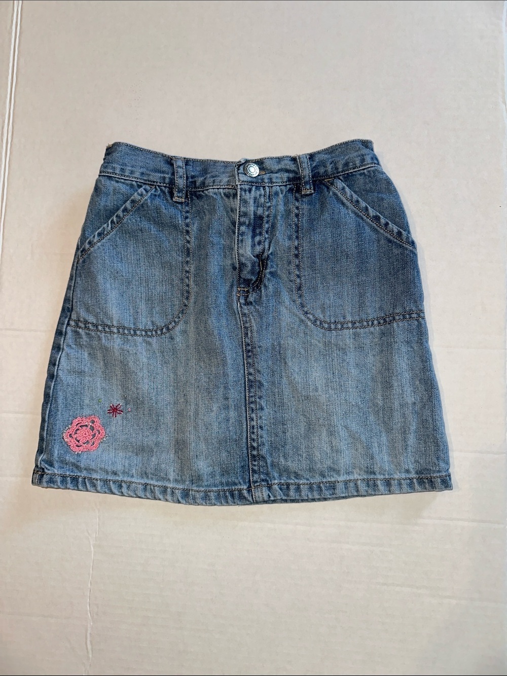 Denim A-Line Skirt with Pink Embroidery